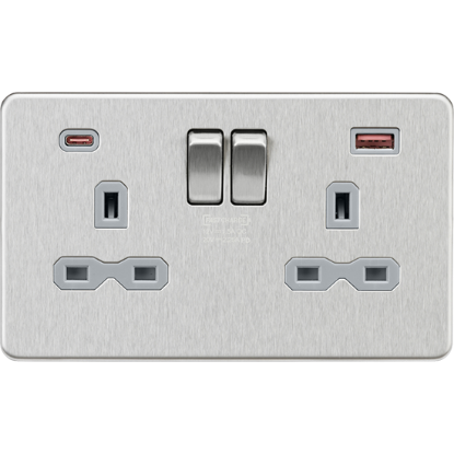 Picture of 13A 2G DP Switched Socket with Dual USB A+C 20V DC 2.25A (Max. 45W) - Brushed Chrome w/Grey Insert