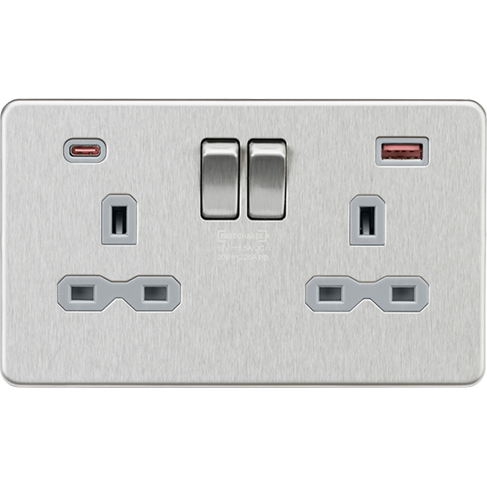 Picture of 13A 2G DP Switched Socket with Dual USB A+C 20V DC 2.25A (Max. 45W) - Brushed Chrome w/Grey Insert