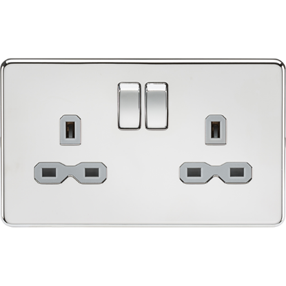 Picture of 13A 2 Gang Double Pole Switched Socket with Twin Earths - Polished Chrome with Grey Insert