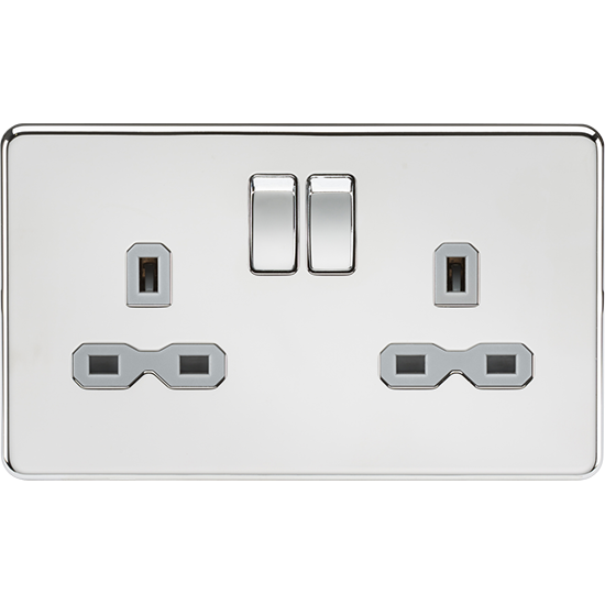 Picture of 13A 2 Gang Double Pole Switched Socket with Twin Earths - Polished Chrome with Grey Insert