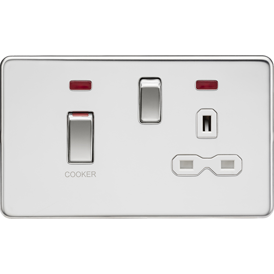 Picture of 45A Double Pole Switch & 13A Socket with Neons - Polished Chrome with White Insert