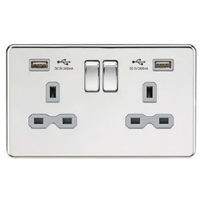 Picture of 13A 2G switched socket with dual USB charger A + A (2.4A) - Polished chrome with Grey Insert