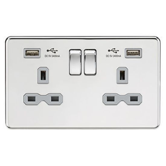 Picture of 13A 2G switched socket with dual USB charger A + A (2.4A) - Polished chrome with Grey Insert