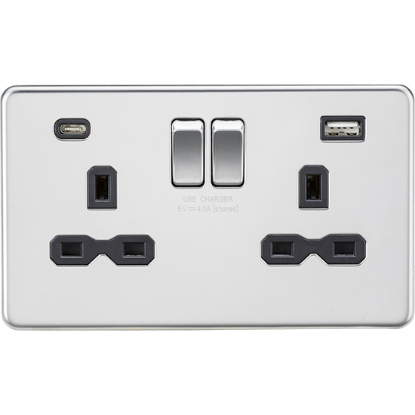 Picture of 13A 2 Gang Single Pole Switched Socket with Dual USB A+C (5V DC 4.0A shared) - Polished Chrome with Black Insert