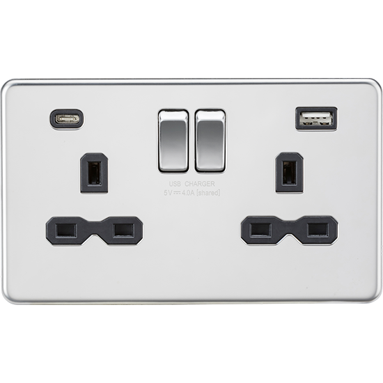 Picture of 13A 2 Gang Single Pole Switched Socket with Dual USB A+C (5V DC 4.0A shared) - Polished Chrome with Black Insert