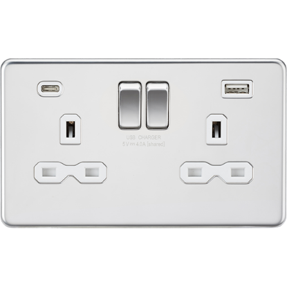 Picture of 13A 2G SP Switched Socket with Dual USB A+C (5V DC 4.0A shared) - Polished Chrome with White Insert