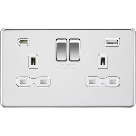 Picture of 13A 2G SP Switched Socket with Dual USB A+C (5V DC 4.0A shared) - Polished Chrome with White Insert