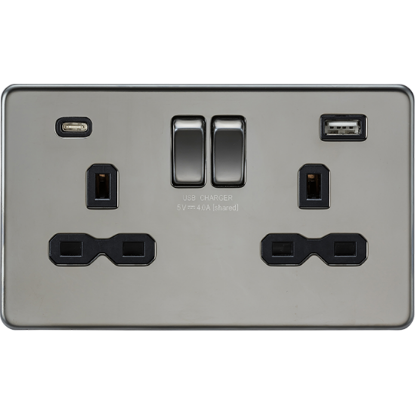 Picture of 13A 2 Gang Single Pole Switched Socket with Dual USB A+C (5V DC 4.0A Shared) - Black Nickel with Black Insert 