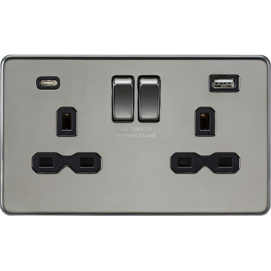 Picture of 13A 2 Gang Single Pole Switched Socket with Dual USB A+C (5V DC 4.0A Shared) - Black Nickel with Black Insert 