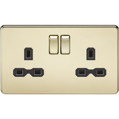 Picture of 13A 2 Gang Double Pole Switched Socket with Twin Earths - Polished Brass with Black Insert 