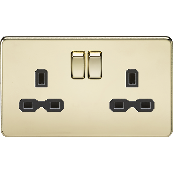 Picture of 13A 2 Gang Double Pole Switched Socket with Twin Earths - Polished Brass with Black Insert 