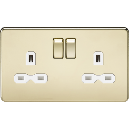 Picture of 13A 2 Gang Double Poole Switched Socket with Twin Earths - Polished Brass with White Insert