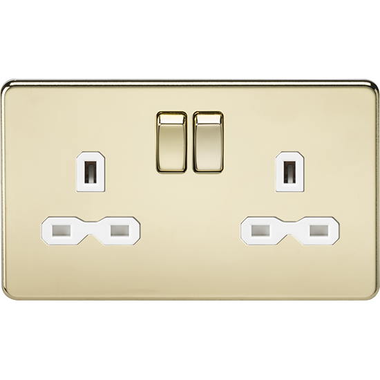 Picture of 13A 2 Gang Double Poole Switched Socket with Twin Earths - Polished Brass with White Insert