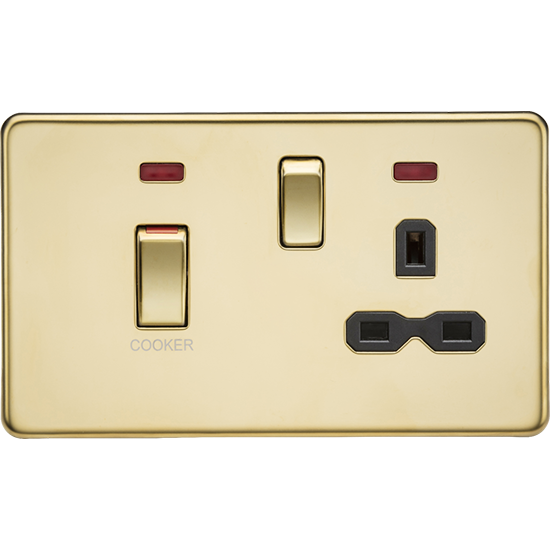 Picture of 45A Double Pole Switch & 13A Socket with Neons - Polished Brass with Black Insert