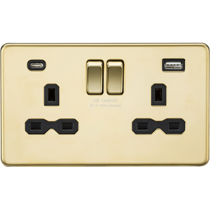 Picture of 13A 2 Gang Single Pole Switched Socket with Dual USB A+C (5V DC 4.0A shared) - Polished Brass with Black Insert