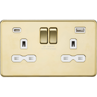 Picture of 13A 2 Gang Single Pole Switched Socket with Dual USB A+C (5V DC 4.0A shared) - Polished Brass with White Insert