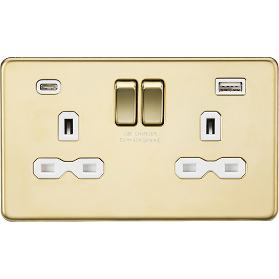 Picture of 13A 2 Gang Single Pole Switched Socket with Dual USB A+C (5V DC 4.0A shared) - Polished Brass with White Insert