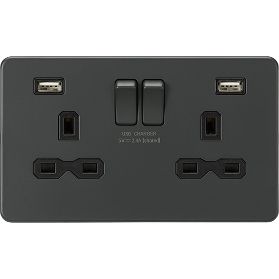 Picture of 13A 2 Gang Single Pole Switched Socket with Dual USB A+A (5V DC 2.4A shared) - Anthracite with Black Insert