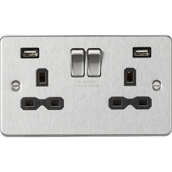 Picture of 13A 2 Gang Single Pole Switched Socket with Dual USB A+A (5V DC 2.4A shared) - Brushed Chrome with Black Insert