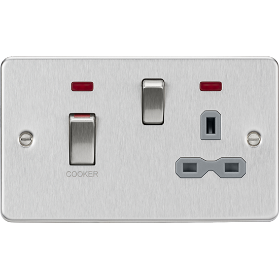 Picture of 45A Double Pole Switch & 13A Socket with Neons - Brushed Chrome with Grey Insert