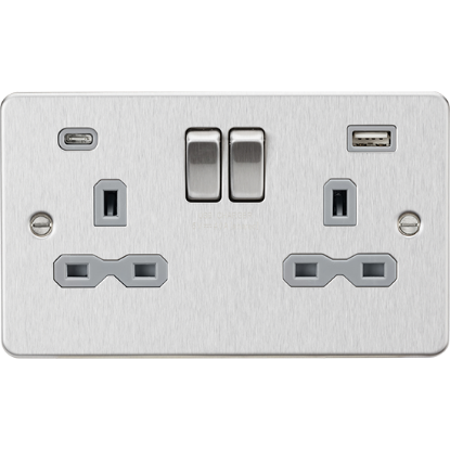 Picture of 13A 2 Gang Single Pole Switched Socket with Dual USB A+C (5V DC 4.0A shared) - Brushed Chrome with Grey Insert