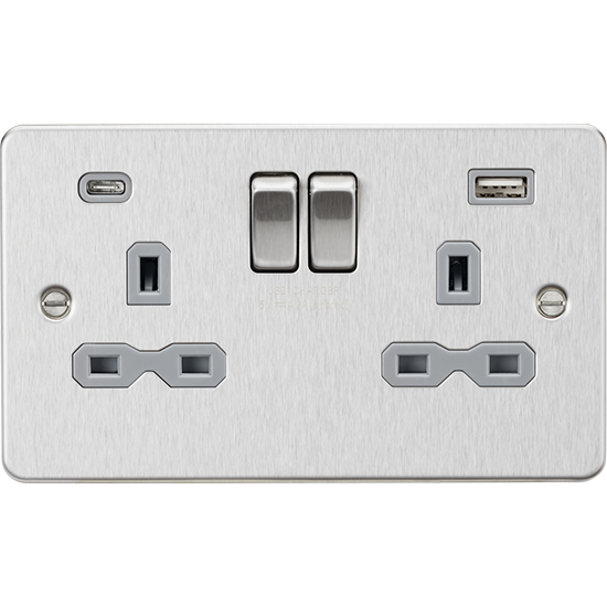 Picture of 13A 2 Gang Single Pole Switched Socket with Dual USB A+C (5V DC 4.0A shared) - Brushed Chrome with Grey Insert