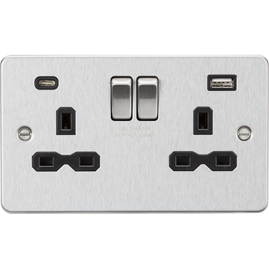 Picture of 13A 2 Gang Single Pole Switched Socket with Dual USB A+C (5V DC 4.0A shared) - Brushed Chrome with Black Insert