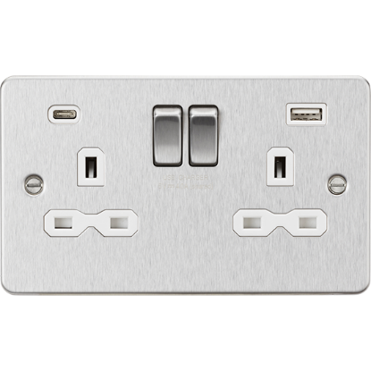 Picture of 13A 2 Gang Single Pole Switched Socket with Dual USB A+C (5V DC 4.0A shared) - Brushed Chrome with White Insert