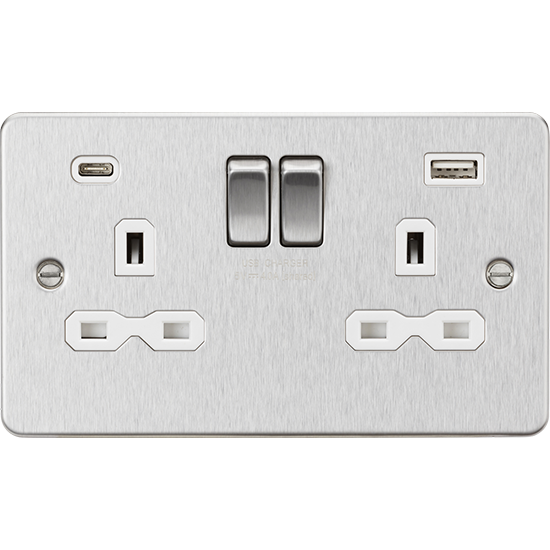 Picture of 13A 2 Gang Single Pole Switched Socket with Dual USB A+C (5V DC 4.0A shared) - Brushed Chrome with White Insert