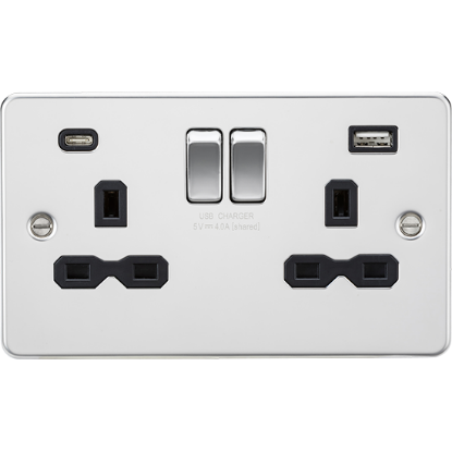 Picture of 13A 2 Gang Single Pole Switched Socket with Dual USB A+C (5V DC 4.0A shared) - Polished Chrome with Black Insert