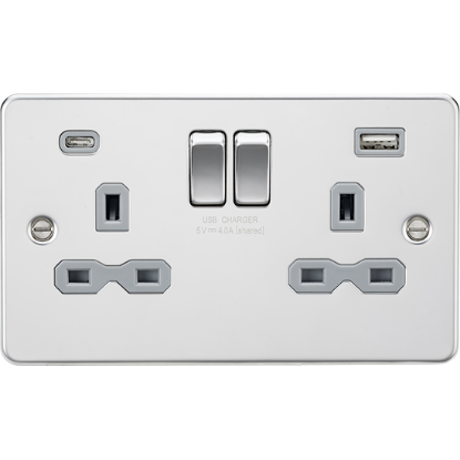 Picture of 13A 2 Gang Single Pole Switched Socket with Dual USB A+C (5V DC 4.0A shared) - Polished Chrome with Grey Insert