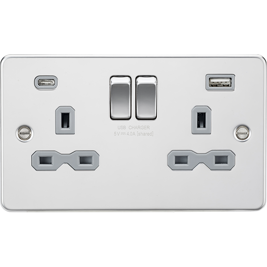 Picture of 13A 2 Gang Single Pole Switched Socket with Dual USB A+C (5V DC 4.0A shared) - Polished Chrome with Grey Insert