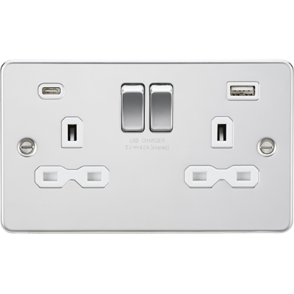 Picture of 13A 2 Gang Single Pole Switched Socket with Dual USB A+C (5V DC 4.0A shared) - Polished Chrome with White Insert