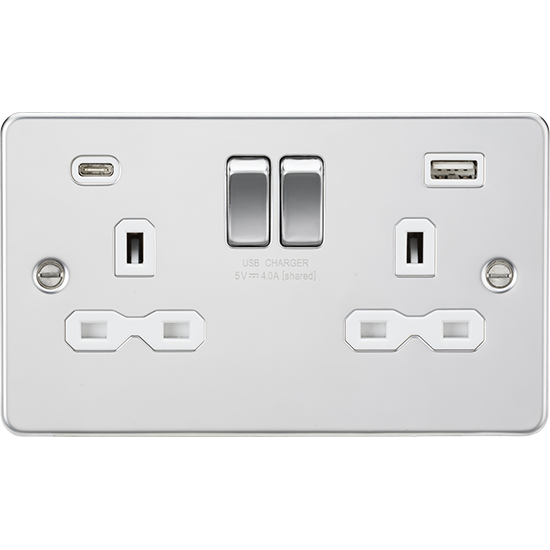 Picture of 13A 2 Gang Single Pole Switched Socket with Dual USB A+C (5V DC 4.0A shared) - Polished Chrome with White Insert