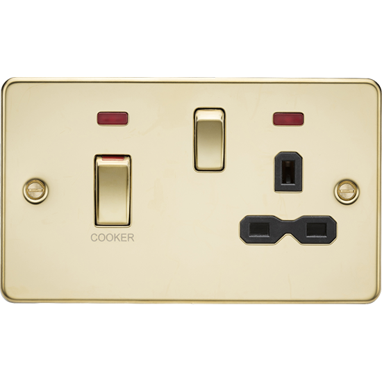 Picture of 45A Double Pole Switch & 13A Socket with Neons - Polished Brass with Black Insert