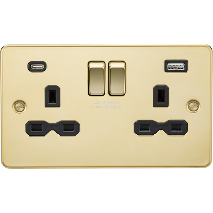 Picture of 13A 2 Gang Single Pole Switched Socket with Dual USB A+C (5V DC 4.0A shared) - Polished Brass with Black Insert