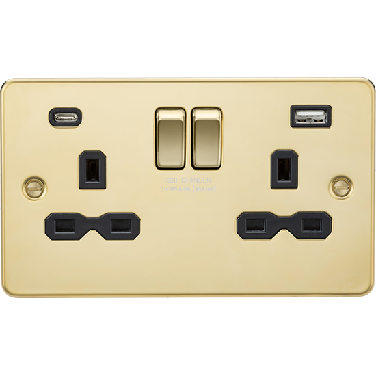 Picture of 13A 2 Gang Single Pole Switched Socket with Dual USB A+C (5V DC 4.0A shared) - Polished Brass with Black Insert