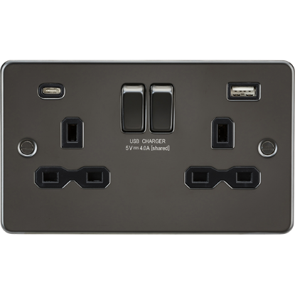 Picture of 13A 2 Gang Single Pole Switched Socket with Dual USB A+C (5V DC 4.0A shared) - Gunmetal with Black Insert