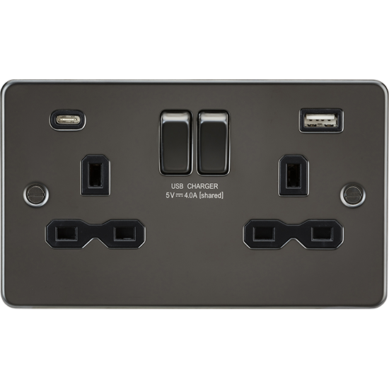 Picture of 13A 2 Gang Single Pole Switched Socket with Dual USB A+C (5V DC 4.0A shared) - Gunmetal with Black Insert