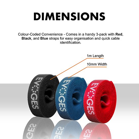 Picture of 1m x 10mm Cable Straps – Red, Black & Blue, Reusable Adjustable Cable Tidy, 3 Pack