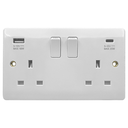 Picture of Vector 13A 2 Gang Double Pole Switched Socket with USB 20W Type A+C - White 