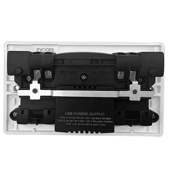 Picture of Vector 13A 2 Gang Double Pole Switched Socket with USB 45W Type A + C - White 
