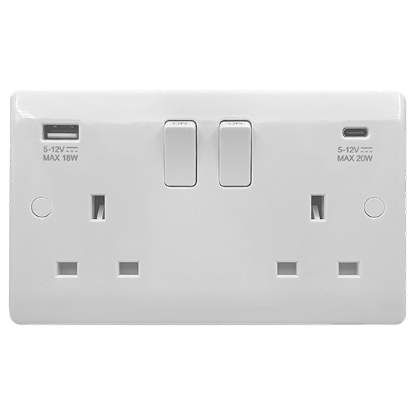 Picture of Vector 13A 2 Gang Double Pole Switched Socket with USB 20W Type A+C White 