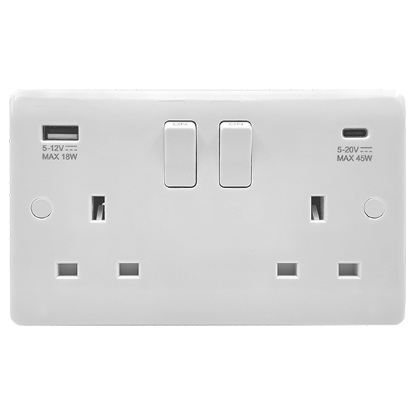 Picture of Vector 13A 2 Gang Double Pole Switched Socket with USB 45W Type A + C White 