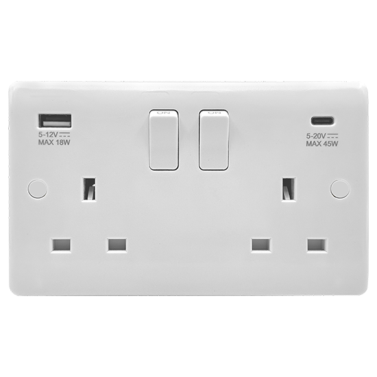 Picture of Vector 13A 2 Gang Double Pole Switched Socket with USB 45W Type A + C White 