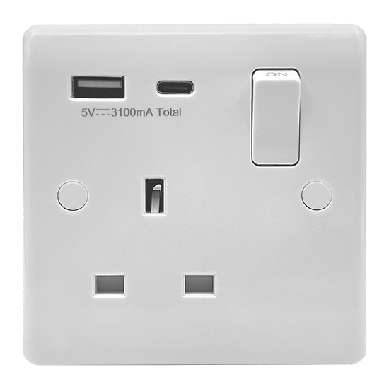 Picture of Vector 13A 1 Gang Double Pole Switched Socket with USB Type A White