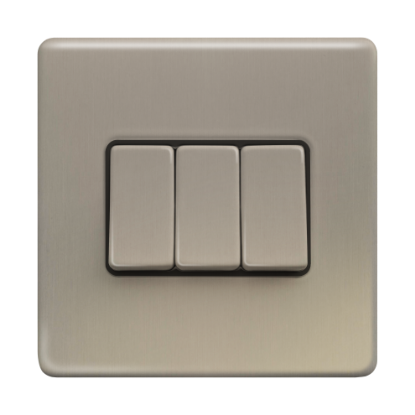 Picture of Terra 3 Gang 2 Way 10AX Single Pole Switch Brushed Chrome with Black Insert 