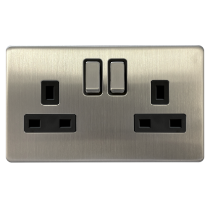 Picture of Terra 13A 2 Gang Double Pole Switched Socket Brushed Chrome with Black Insert 