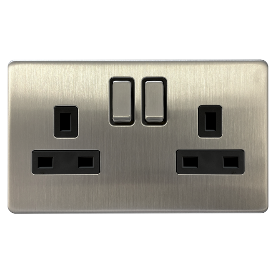 Picture of Terra 13A 2 Gang Double Pole Switched Socket Brushed Chrome with Black Insert 