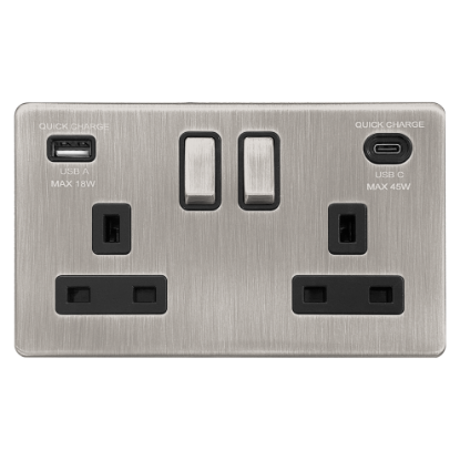 Picture of Terra 2 Gang 13A Double Pole Switched Socket with USB-A + USB-C Fast Charging  Brushed Chrome with Black Insert 